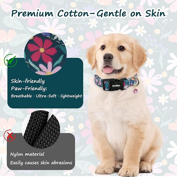 Dog Collar for Large Dogs, Spring Dark Green Dog Collars with Flowers Pattern, Adjustable Cotton Dog Collars, Cute Girl or Boy Dog Collar Ideal for Gifts,Pet Accessory