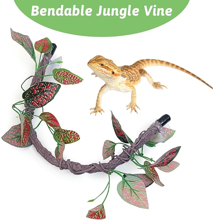 VCEPJH Reptile Climbing Branch Decor 2 Pcs Bendable Jungle Vine with Suction Cup Terrarium Plant Decoration for Gecko Bearded Dragons, Snake,Frogs, Chameleons Cage Accessories (I)