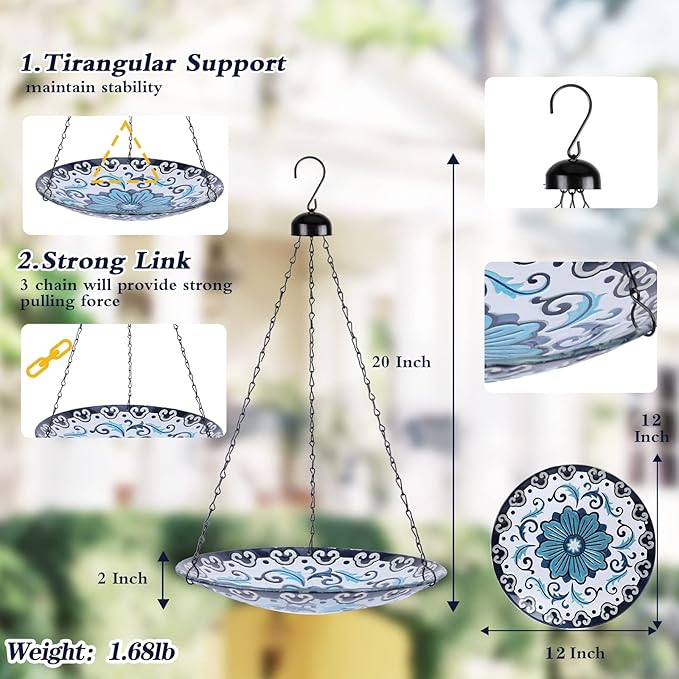 MUMTOP Hanging Bird Bath - Bird Baths for Outdoors, 12 Inch Glass Bird Bath Bowl Outdoor Bird Feeders for Garden Yard and Patio Decor