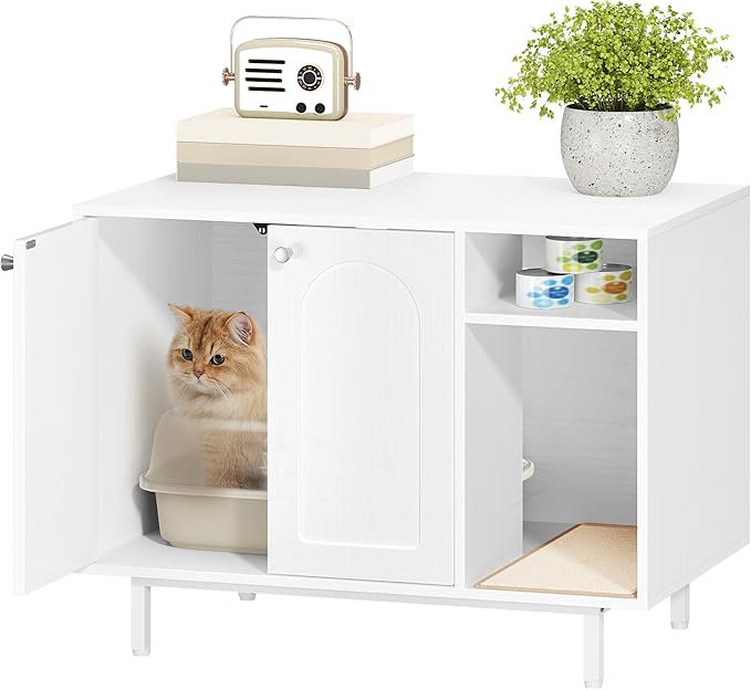 Cat Litter Box Enclosure Enclosed, Hidden Litter Box Cabinet Furniture with Storage, Wooden Indoor Cat House Large, Modern End Table for Living Room Entryway, White CB01513W