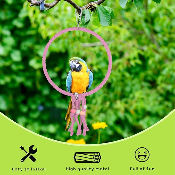 Bird Swing, 20 CM Diameter Hanging Parrot Swing with Colourful Beads, Swing Parrot Toys Cotton Rope Ring Bird Cage Toys for Budgie, Cockatiel, Canary, Parakeet, Finch (Green)