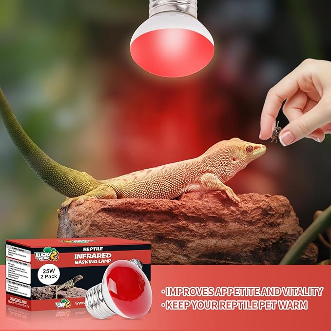 LUCKY HERP Infrared Heat Lamp, 25W Reptile Heat Lamp 2 Pack Red Heat Lamp Bulbs, Infrared Basking Spot Heat Light Bulb, Amphibians Heat Lamp Bulbs for Reptile, Geckos, Snakes, Lizard, Turtle