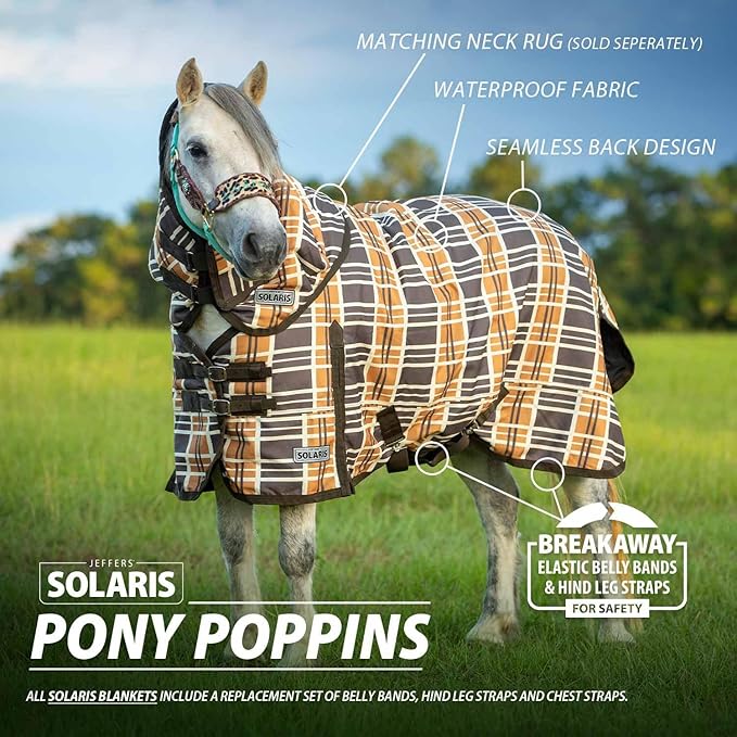 Jeffers Pony Poppins Solaris 1200 Denier Turnout Blanket Brown & Cream Plaid 39" - Waterproof, Breathable Horse Blanket with 0 gram Polyfill, No Insulation, Ideal Protection for Wind & Rain,