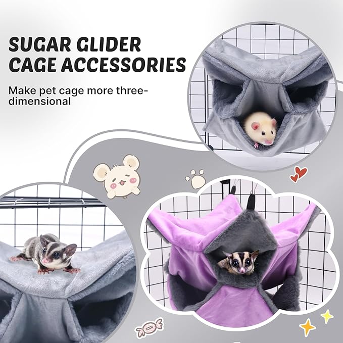 LYART Sugar Glider Pouch Hammock Bed Bedding, Sugar Glider Cage Accessories Toys for Rat, 3-Layer Hammock Make Pet Cages More Three-Dimensional (1.Grey)