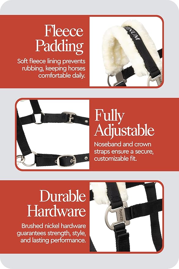 HORZE Howard Soft Fleece Padded Adjustable Polyester Horse Halter - Black - Horse