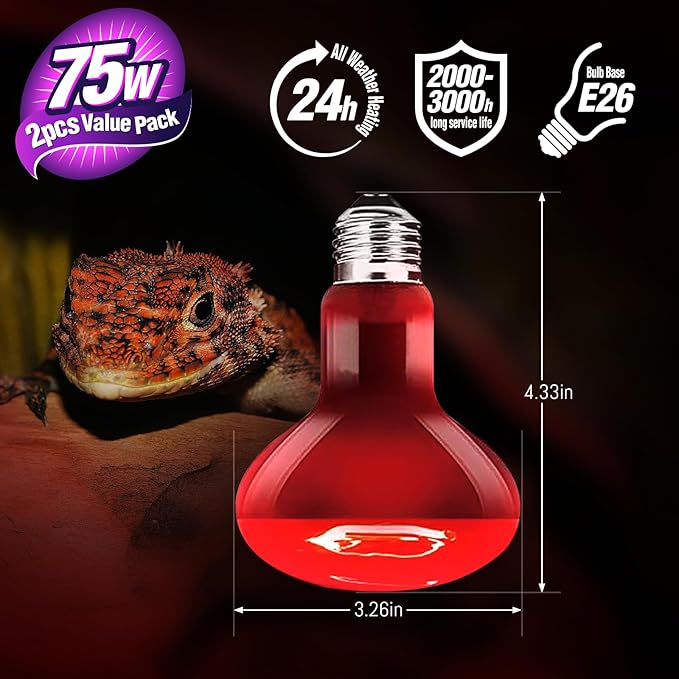 Leoterra 75w Reptile Heat Lamp 2PACK Red Night Heat Lamp Dimmable Heat lamp for Reptiles Night Heat Use E26 Base Long Service Life