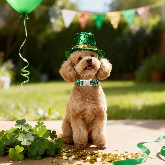 St Patricks Day Dog Collar for Large Dogs - Green Lucky Clover Dog Collars, Lightweight Adjustable Irish Festival Shamrock Dogs Collars with Quick Release Buckle L