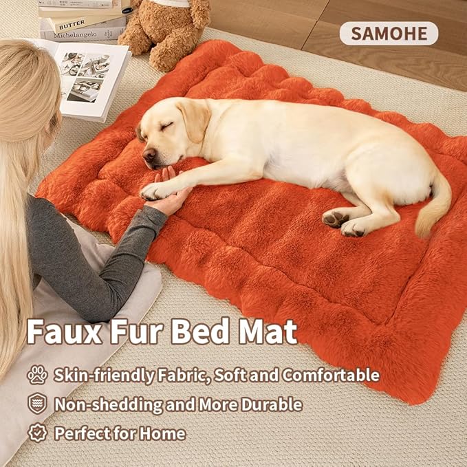 Self-Warming Dog Bed, Plush Faux Fur Mat with Anti-Slip Bottom, Ultra Soft Heated Pet Bed for Medium Large Dogs, Cozy Fluffy Pad for Carriers Couch Crate, Machine Washable, 35 x 27 Inch Orange