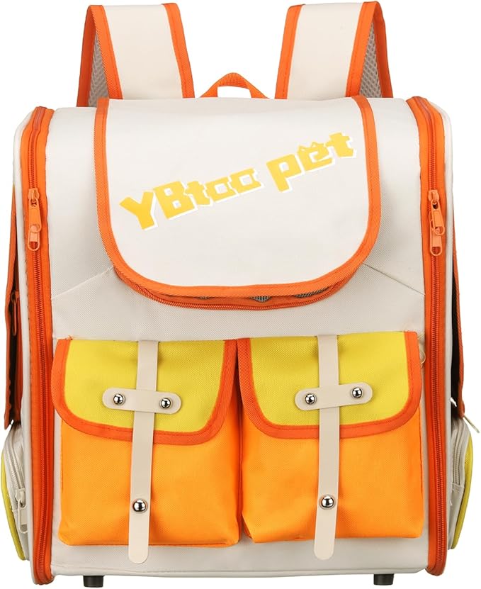 Pet Backpack Carrier, Portable and Ventilated, Oxford Cloth, Dogs Cats and Small Animals Travel Bag 13.39", (Beige, White, Orange, 1 Pcs), Intended for Hiking/Camping/Traveling