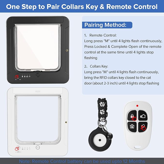 Smart Cat Door for Interior & Exterior, Cat Pet Door with 3 Collar Sensor Keys & 1 Remote Control & 4 Way Locking Cat Flap with RFID Collar Activated Opening