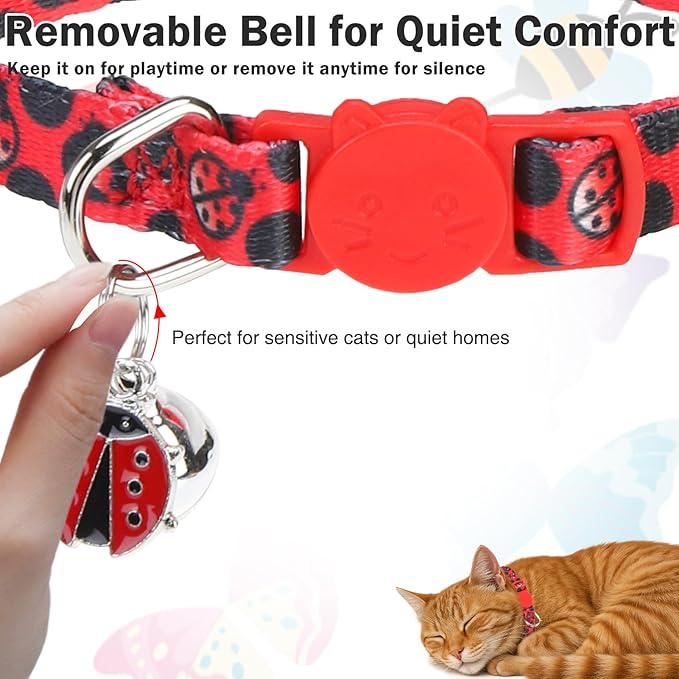 Cat Collar Breakaway with Bells, 3 Pack Spring Flower Cat Collars for Girl Boy Cats, Cute Kitten Collars with Safety Buckle Adjustable 8"-12" for Outdoor Indoor Kitty Puppy Small Pets, Insect