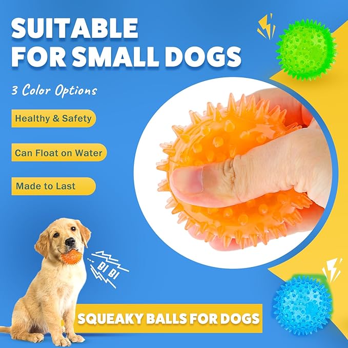 Puppy Toy 2.5” Squeaky Dog Balls Toys and Spikey Dog Ball for Aggressive Chewers for Small Dogs Dog Balls for Clean Teeth and Training （12 Pack）