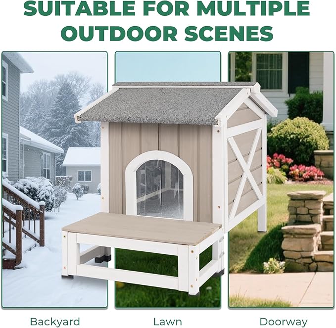 Small Insulated Cat House, Wood Outdoor Cat House Weatherproof with Cat Scratching Cloth, 2 Doors, Balcony, Outside Indoor Clawsable Pet Houses Feral Cats Shelter for Winter, Grey