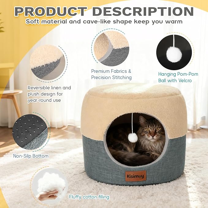 Cat Cave Bed for Indoor Cats & Kittens, 2-in-1 Foldable Cat Couch & Lounger for Small & Medium Cats with Reversible Cushion - Calming Anti-Anxiety Pet House, Soft Plush & Anti-Slip Bottom, 15.7 Inch