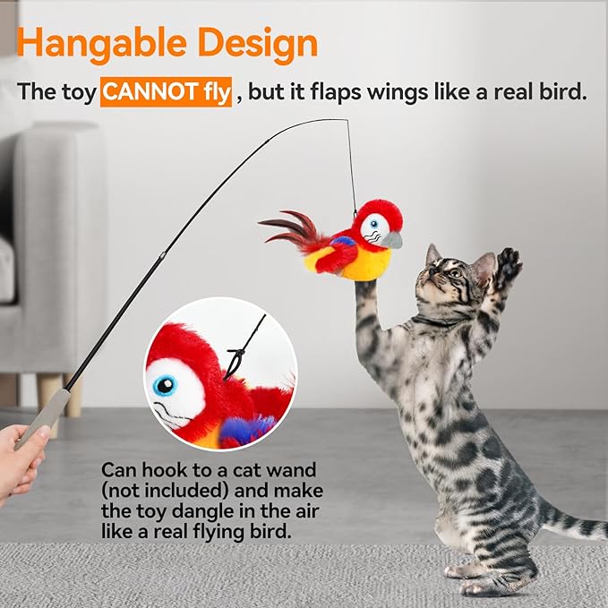 Cat Toys Flapping Bird(Cannot Fly), Electric Simulated Chirping Bird Interactive Kitten Toy with Flappy Wings, Rechargeable Touch Activated Toy with Catnip and Feather for Indoor Cats - Red