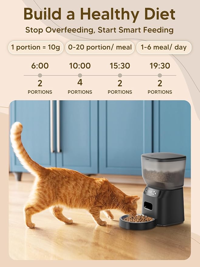 Automatic Cat Feeder and Water Fountain, 4L/16 Cups Timed Cat Dry Food Dispenser, 10s Meal Call, 20 Portions 6 Meals Per Day, 2L Cats Fountains for Drinking with Filter, Pet Feeder for Dog, Sooty