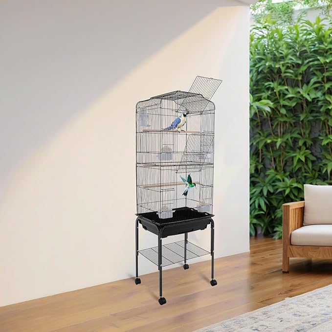 Large Bird Cage with Wheels Parrot Cages for Large Birds Iron Bird Cage with Stand Outdoor Birdcages with Tray, Feeding Bowls & Waterer Big Bird Cages for Parakeets, Lovebird & Pigeon (Black)