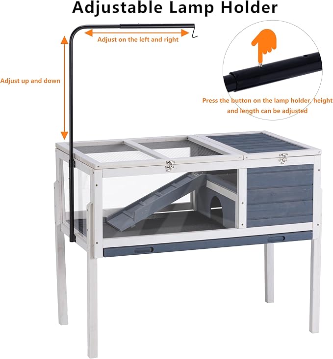 BIRASIL Wood Tortoise Enclosure with Adjustable Light Stand,2-Tier Habitat Reptile Cage with Swimming Area Feeding Area, Tortoises House for Small Animals Lizards Hamster (Gray/White)