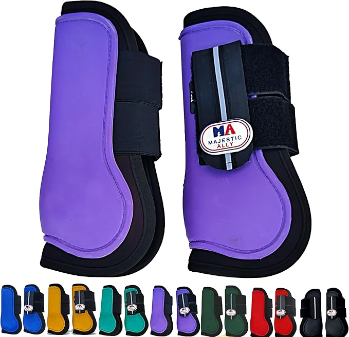 Majestic Ally Horse Leg Protection Fetlock and Tendon Boots Set, PU Shell, Neoprene Lining, Hook and Loop Closures, Multiple Colors and Sizes