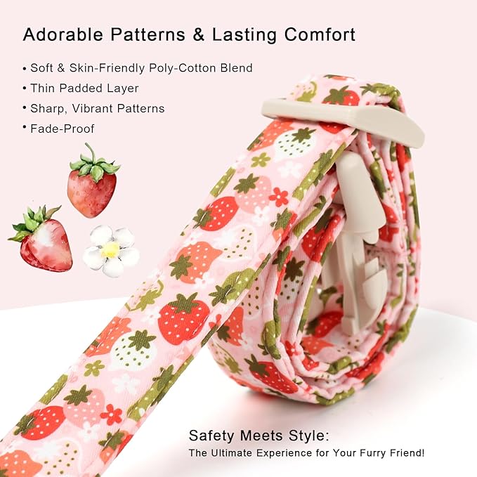 Strawberry Dog Collar for Large Dogs - Cute Spring Pink Dog Collars, Summer Pastel Puppy Collars, Soft Adjustable Boy Girl Dogs Collar with Quick-Release Buckle L