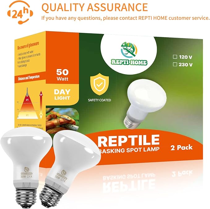 New Upgrade Reptile Heat Lamp Bulb (3rd Gen No Broken), 50W 2 Pack Basking Spot Light for Reptiles & Amphibians,UVA Daylight Heat Bulb for Bearded Dragon, Turtle