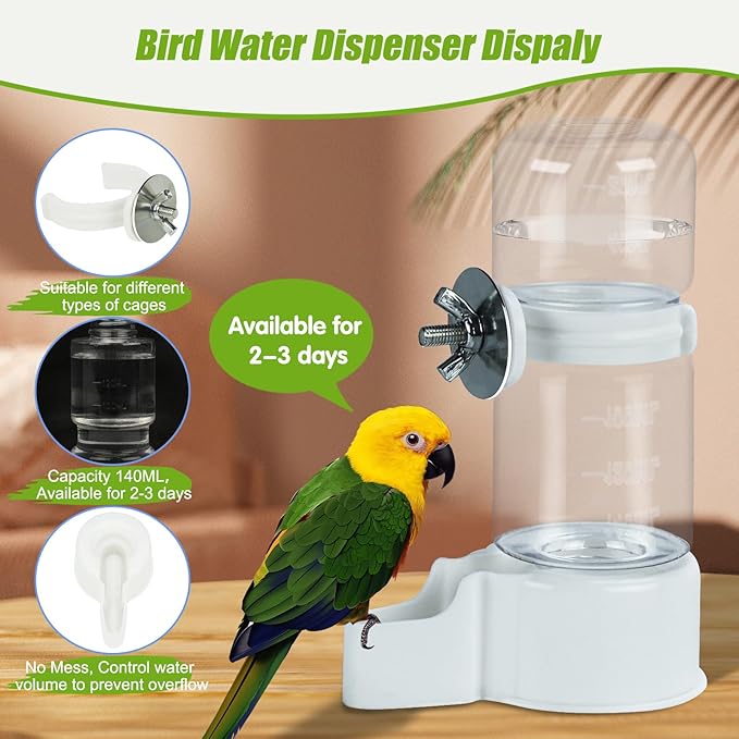 BWOGUE 2PCS Automatic Bird Water Dispenser, 4.73 Fl Oz Parakeet Water Dispenser for Cage No Mess Suspended Bird Water Feeder for Cockatiel Budgie Conure Lovebirds