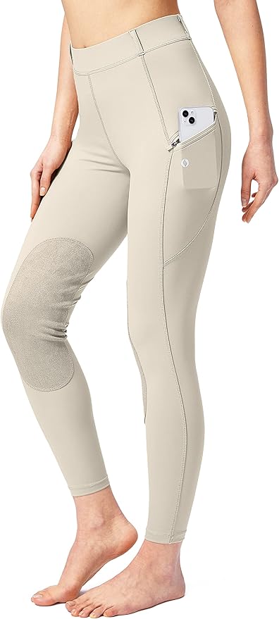 SANTINY Women's Horse Riding Pants with Zipper Pockets Knee-Patch Schooling Tights Equestrian Breeches for Women