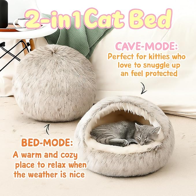 Nest Bed - Lapcatz Cat Beds for Indoor Cats, Fluffy Cat Bed Cave Plush Warm Nest for Cats (Latte,M 20"x20")