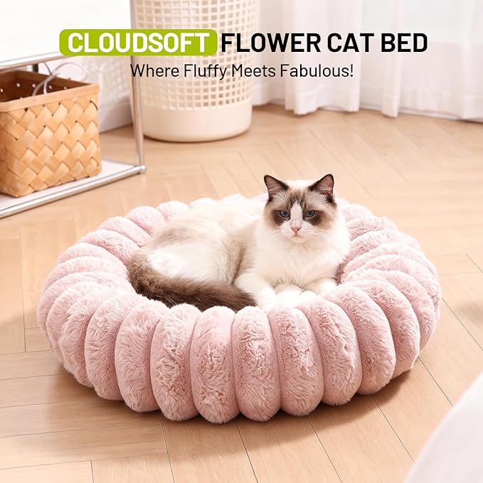 Cloudsoft Flower Cat Bed and Dog Bed, Washable Plush Pet Bed with Non-Slip Water-Resistant Bottom, Faux Furfor Cats & Small Dogs Up to 33 lbs, 29.9"x29.9" (Pink)