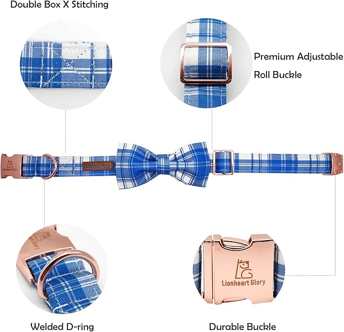 Lionheart glory Dog Collar, Boy Dog Collar Bowtie Blue Plaid Adjustable Dog Bowtie Collar Bows Dog Collar for X-Large Dogs