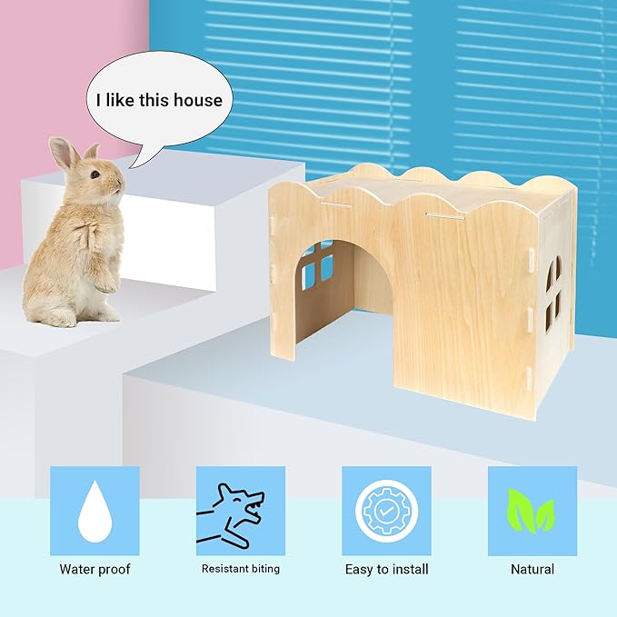 Guinea Pig Hideout, Natural Wooden Chew Proof Hideaway Hut for Small Pets (Wood, Rabbit)