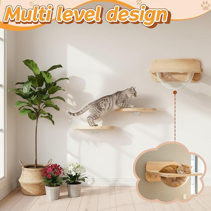 3 Pcs Cat Wall Shelves Set, Thicken Wooden Transparent Capsule Kitten Shelves Bed with 2 Pcs Pedals, Cat Climbing Wall Furniture Set for Sleeping Playing Climbing - Easily Holds up to 35 Lbs