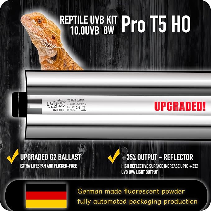 Upgraded T5 UVB Reptile Light, 10.0 UVB 8W German Made Fluorescent Lamp and Fixture Kit, for Desert-Dwelling Reptiles, Bearded Dragon,Tortoise, Snake, Strip Linear UVB Lamp Bulb