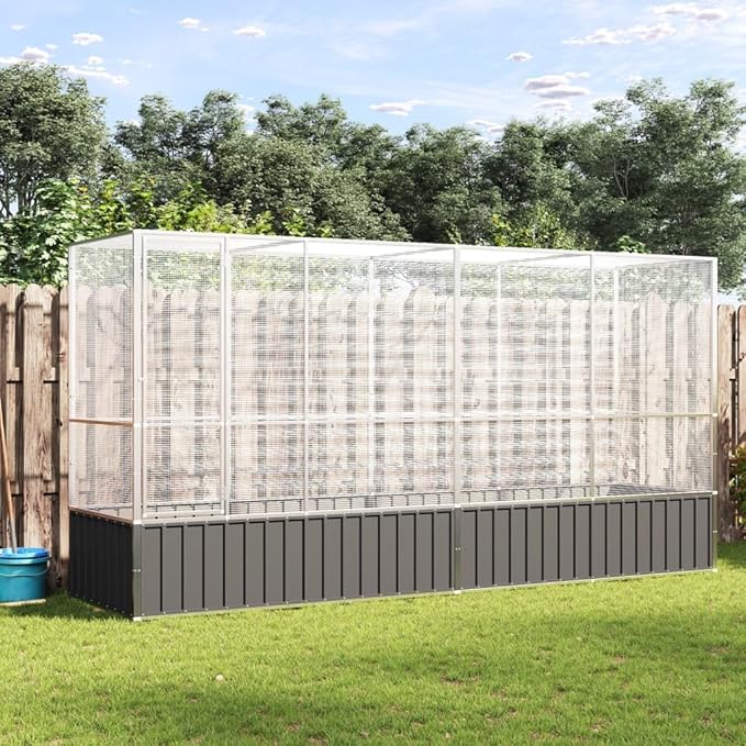 Large Metal Heavy Duty Walk-in Aviary Cage with Extension, Ample Activity Space Bird Cage with Lockable Door Also for Chickens and Rabbits, Silver 164.8"x42.1"x83.5" Steel,-407