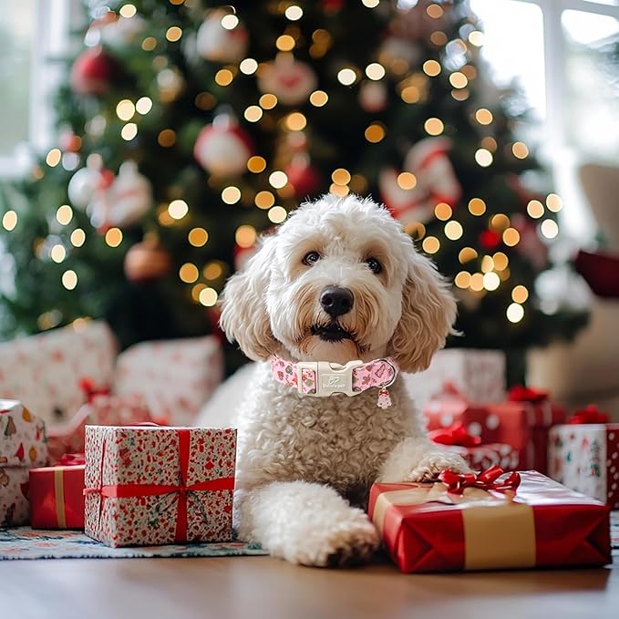 Christmas Dog Collar - Cute Pink Cozy Christmas Puppy Collar with Safety Buckle, Soft Adjustable Holiday Dog Collars for Small Medium Large Dogs L