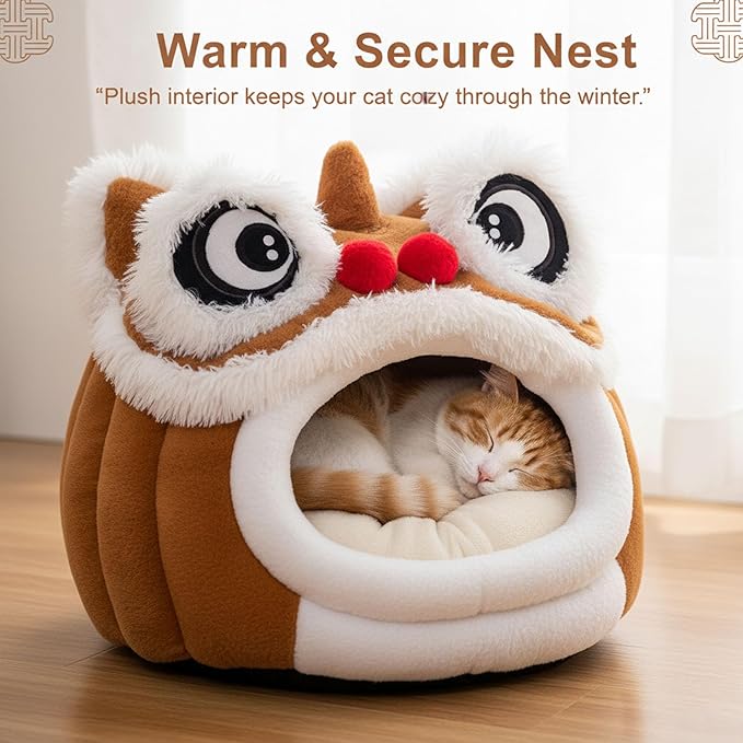 Cute Lion Head Pet Beds for Cats, Chinese Lion Dance Lion Cats Bed, Soft Cozy Plush Cat House & Dog Cave with Cushion for Small Medium Cats Dogs (Brown,M)