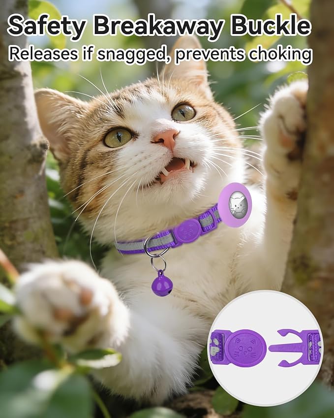 Joytale AirTag Cat Collar 2 Pack with Breakaway Safety Buckle, Reflective Cats Collar with AirTag Holder, Adjustable 7.5-12.5 Inch, Anti-Fraying Lightweight for Girl Boy Kitten, Purple