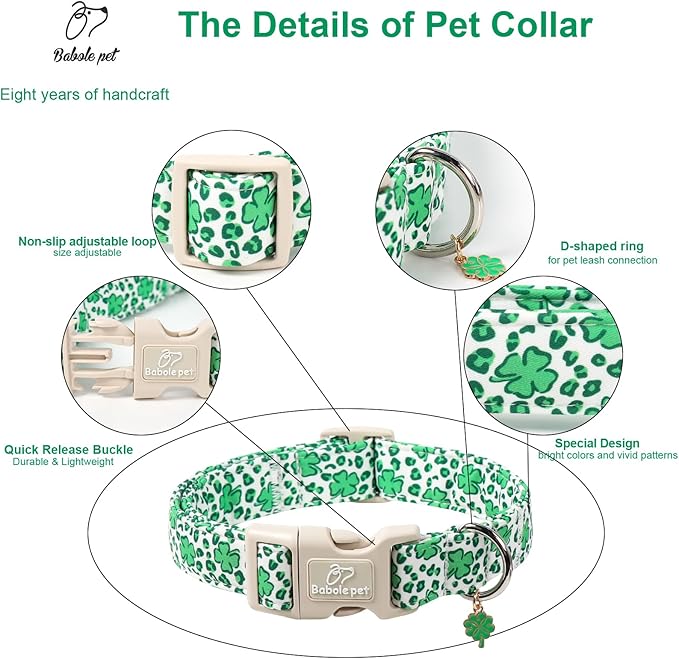 St Patricks Day Dog Collar for Medium Dogs - Leopard Lucky Clover Dog Collars, Lightweight Adjustable Irish Green Festival Shamrock Dogs Collars with Quick Release Buckle M