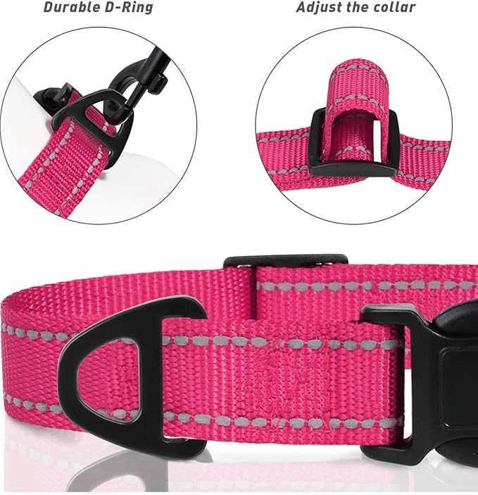 TagME Reflective Nylon Dog Collars, Adjustable Classic Pet Collar with Quick Release Buckle for Extra Small Dogs, Hot Pink, 5/8" Width