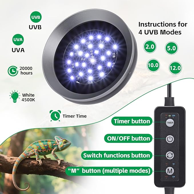 UVB Light for Reptiles with Dimming UVA UVB Reptile Light Fixture with Timer LED UVB Bulb for Bearded Dragon Gecko Turtle Chameleon Lizard Snake Adjustable Brightness Reptile Tank Accessories 8W Grey
