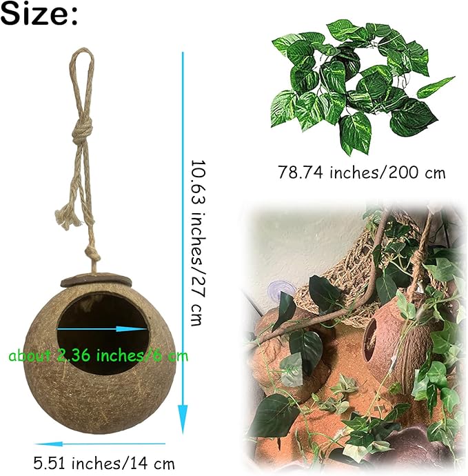 Crested Gecko Coconut Hide Natural Lizard Coco Hut Reptile Hanging Nest Flexible Vine Habitat Decoration Bearded Dragon Terrarium Accessories for Chameleon Tree Frog Snake Hermit Crab