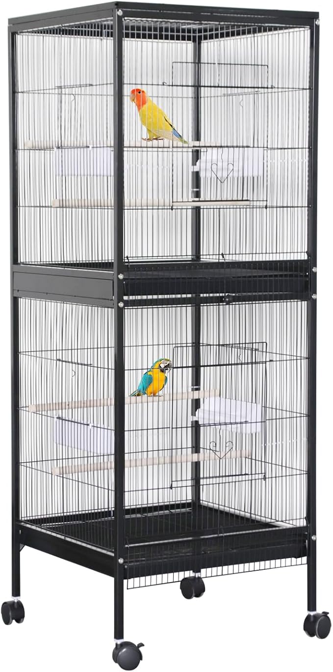 55 inch Wrought Iron Bird Cage Double Stackable Metal Cage w/Play Open Top and Rolling Stand with Pull Out Tray for a Canary Finch
