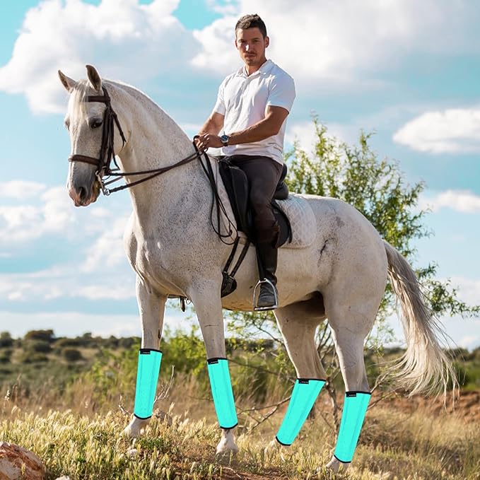 FOXLVDA Horse Fly Boots - Fly Boots for Horses Set of 8, Comfortable Horse Leggings, Mesh Material Design with Metal Support Bars for Reduces Stomping & Leg Fatigue (Green-Yellow, Large)