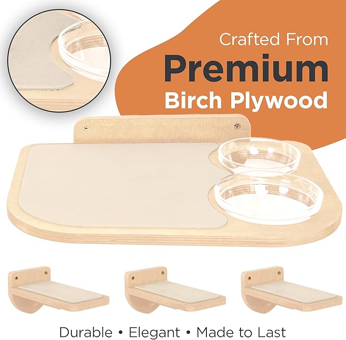 INICIO Cat Shelves – Dog Proof Feeding Station with Wall Mounted Shelves, 3 Steps for wall with Floating Shelf for Cats Up to 15lbs, Includes Cat Food Bowls for Convenient Feeding – Natural Wood