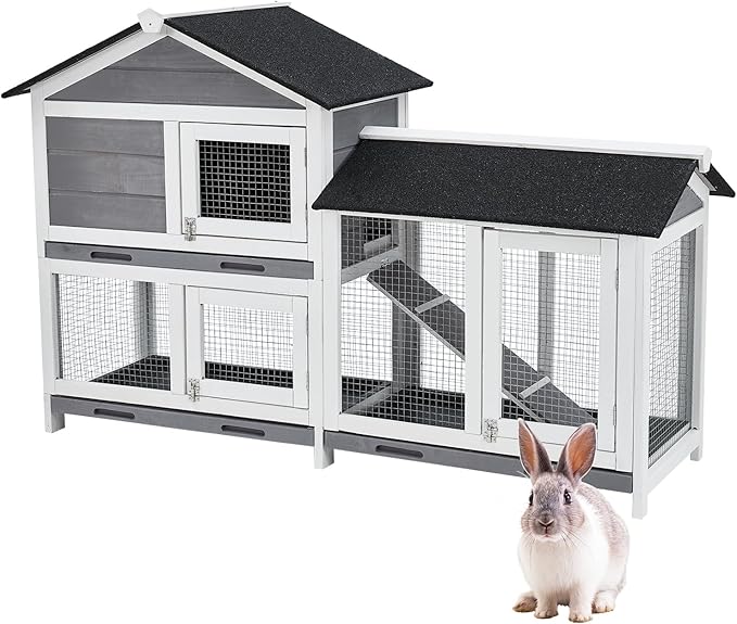 63 in Bunny Hutch Indoor Bunny Cage, with 3 Leak-Proof Removable Trays, Wooden Waterproof Roof Rabbit Hutch Indoor/Outdoor, 2-Tier Bunny House/Chicken Coop, Gray and Black