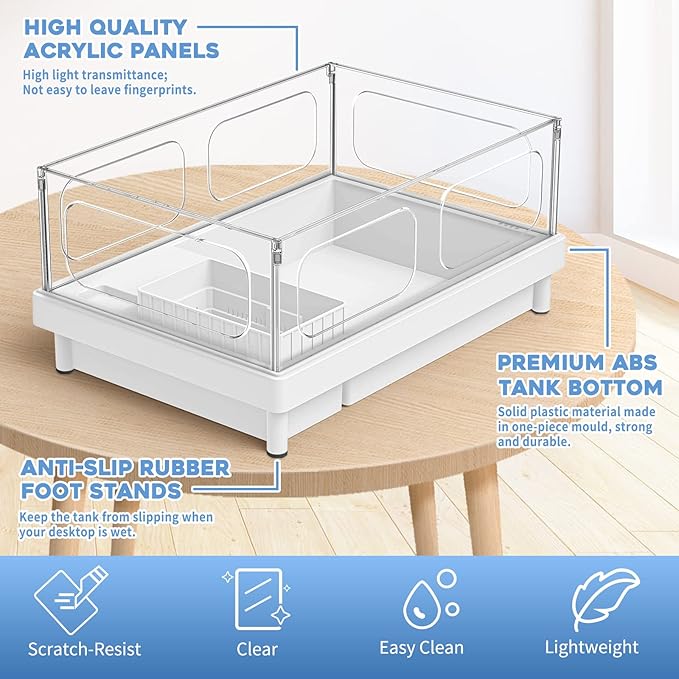Small Turtle Tank with Filter, Turtle Aquarium, Acrylic Turtle Terrarium with Basking Platform, Bottom Drainage, Multi-Function Areas for Turtles, Crayfish, Small Reptiles (Tank+Filter)