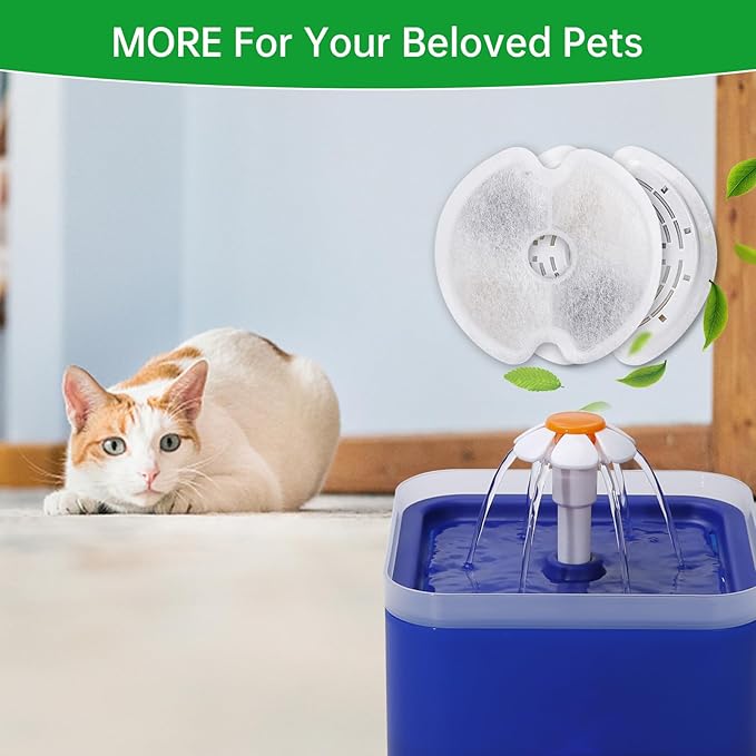 8 Packs Cat Water Fountain Filters for Ultra Silent Cat Fountain 67oz/2L with LED Night Light, Triple Filtration System Activated Carbon Filter with Pre-Filter Sponges for Pet Water Fountain