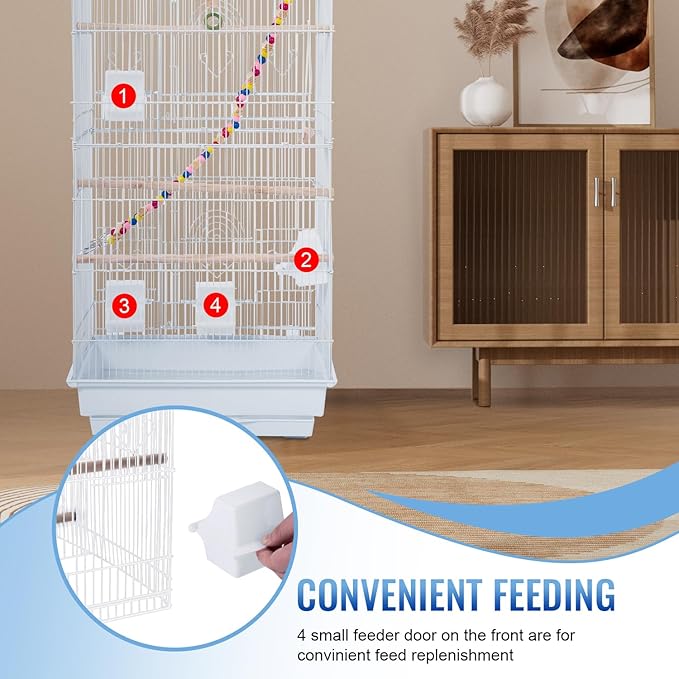 FDW 39 Inch Bird Cage Parakeet Cage with Play Top Rolling Stand & Easy Clean Pull-Out Tray Roof Top Parrot Cage for for Finches Canaries Parakeets Cockatiels & Other Small Birds, White
