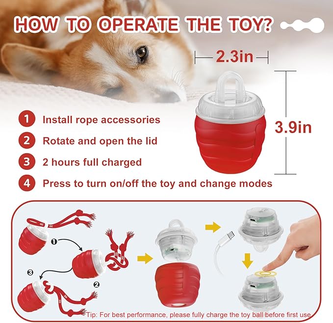 Interactive Dog Toy, [Newly Upgraded] Motion Activated Rolling Squeaky Ball for Medium/Large Dogs, Automatic Moving Dogs Ball for Boredom, USB Rechargeable(Red)