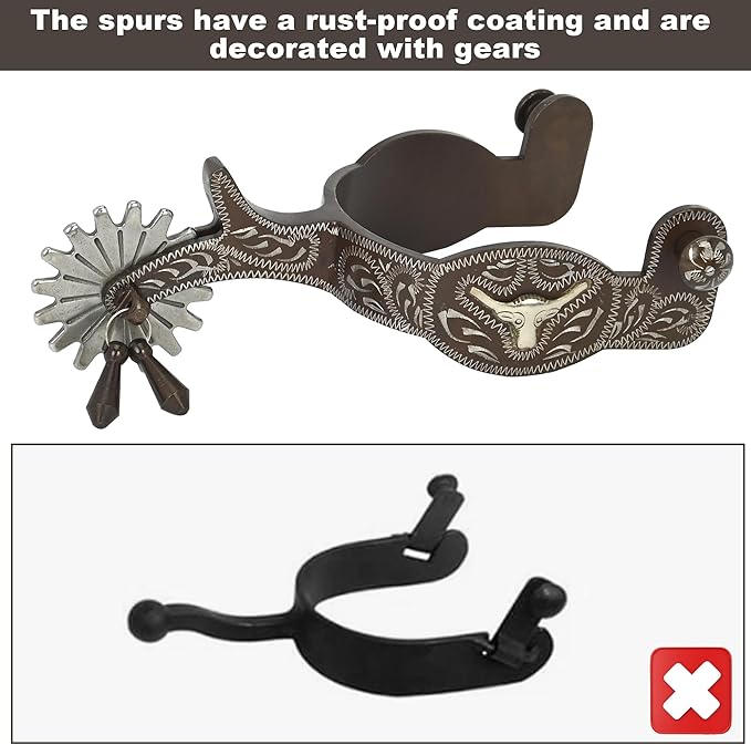Western Antique Spurs for Horse Riding - Hand-Engraved Low Carbon Steel Spurs with Brass Accents, 75-78mm Adjustable Gear Design, Secure Copper Buckle